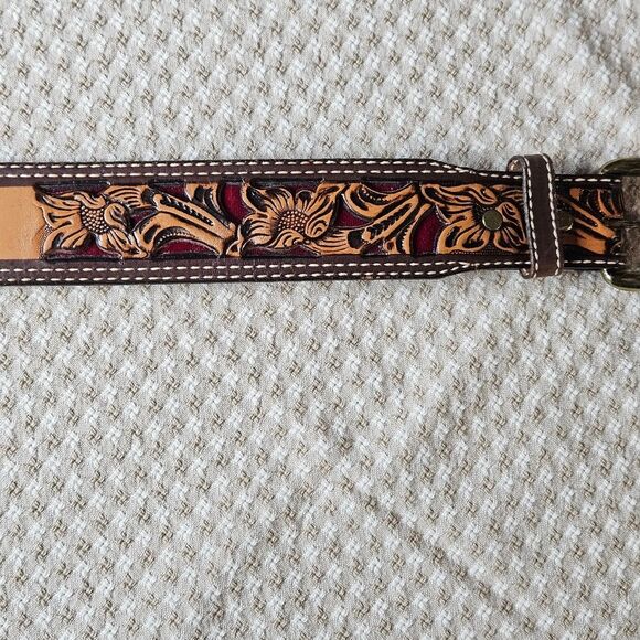 Circle Y Sunflower Distressed Filigree Red Accents Removable Buckle Leather Belt main image 8